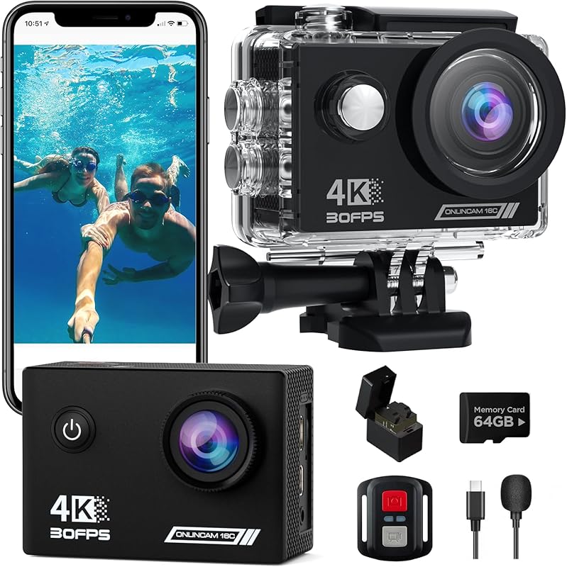 4K30fps Waterproof Action Camera with 64GB Card, 131ft Depth Rating, 2