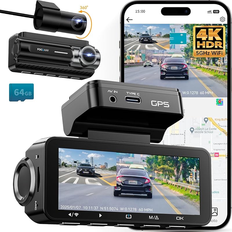 4K dual dash cam with voice control, GPS, night vision, and 24H parkin