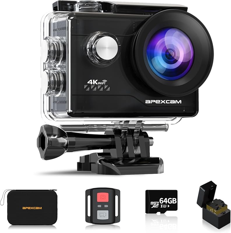 4K Action Camera with 64GB Card, 131FT Waterproof, WiFi, and 2 Batteri