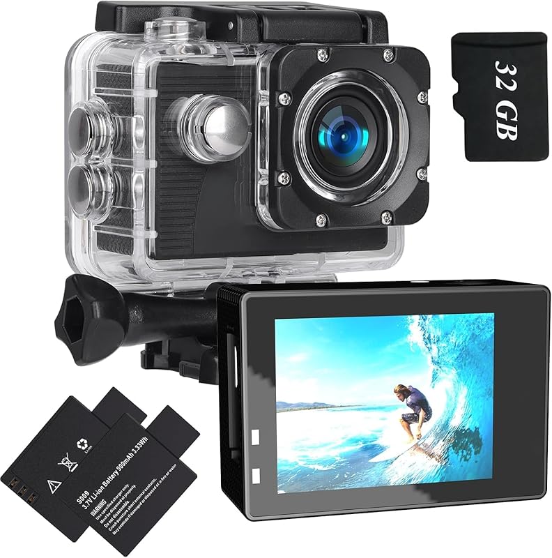 1080p Action Camera with 32GB Card, 131ft Waterproof, 4x Zoom, and Acc