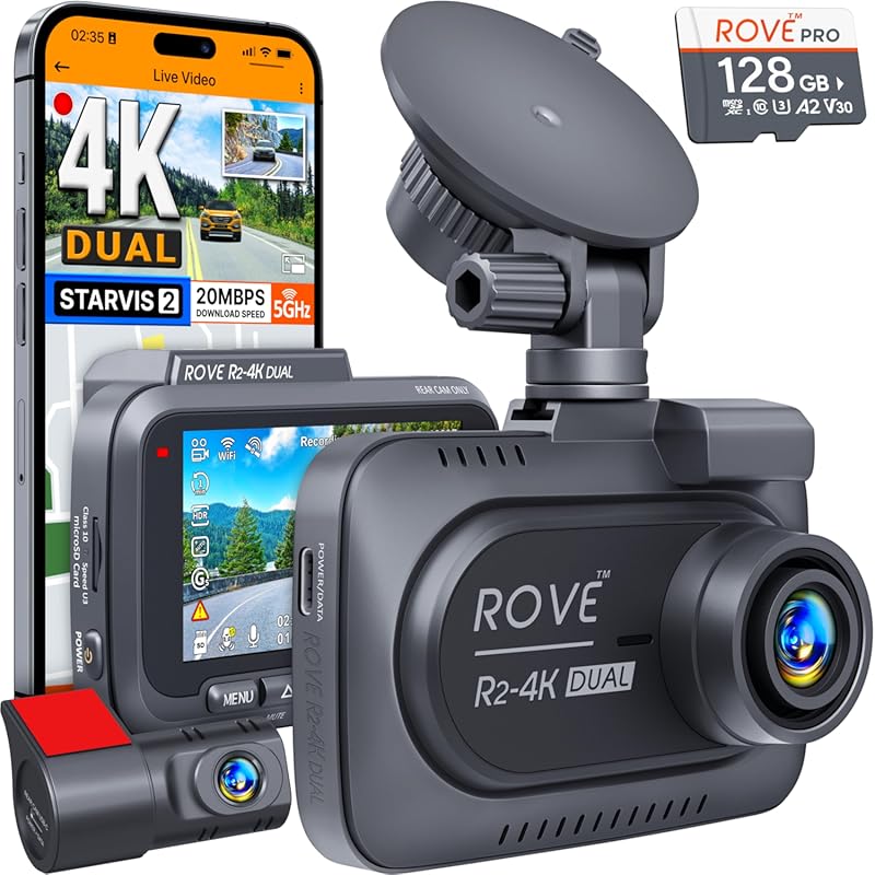 ROVE R2-4K dual dash cam with STARVIS 2 sensor and 5G WiFi connectivit
