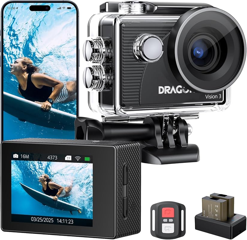 Dragon Touch Vision 3 4K30FPS Action Camera with 100FT Waterproof and 