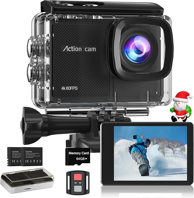 4K 60FPS Action Camera with 64GB Card, 48MP, EIS, WiFi and 2 Rechargea