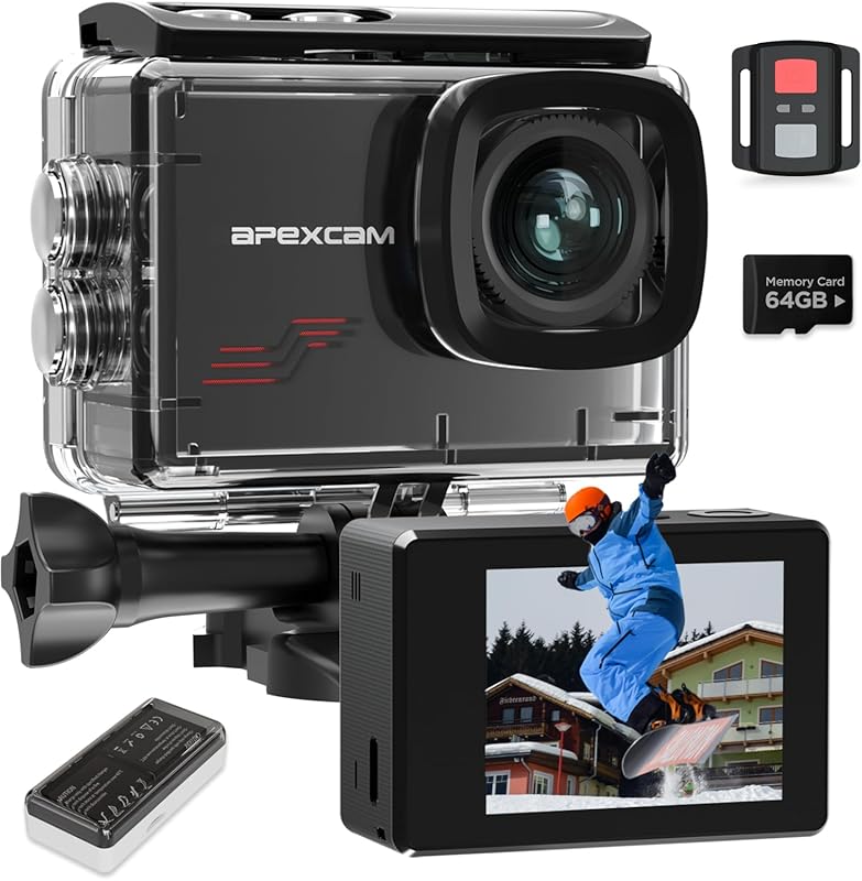 Apexcam Action Camera 4K with 64GB Card, HD 60FPS 48MP Sports Camera f