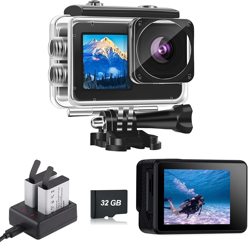 Dual Screen Waterproof Action Camera with 4X Zoom, 32GB Card, and 2 Ba