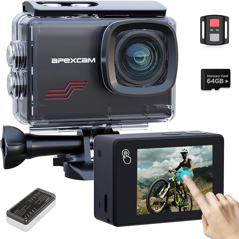 Apexcam 4K Touch Screen Action Camera with 131FT Waterproof, 64MP, WiF