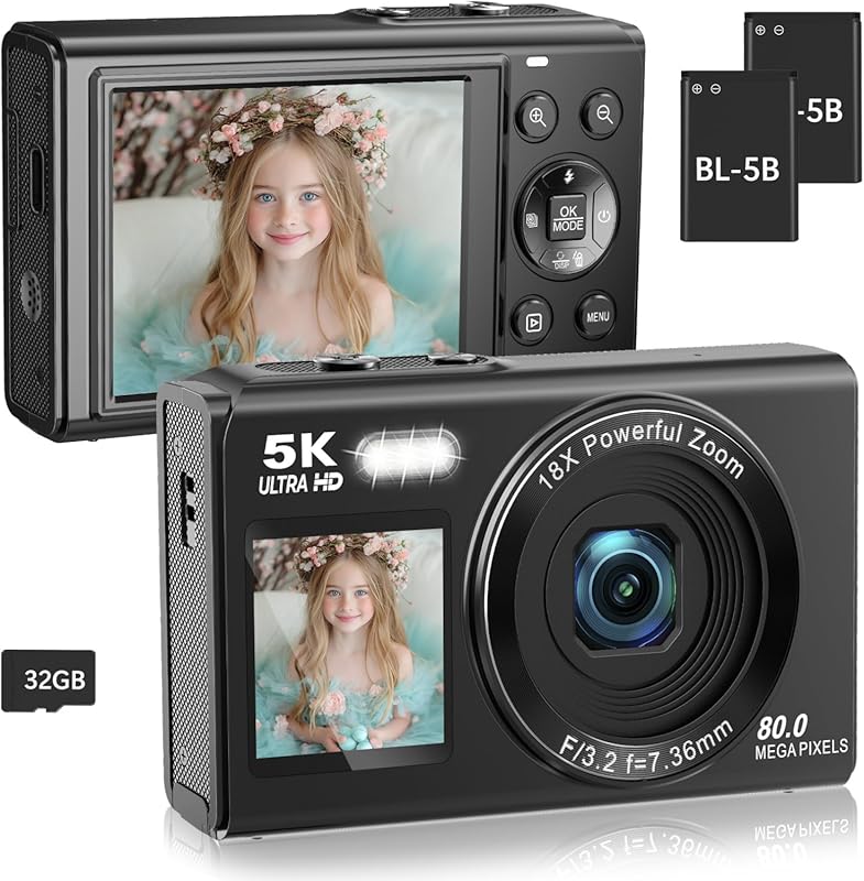 Dual Screen 5K Vlogging Camera with 80MP, 16X Zoom, WiFi, Fill Light, 