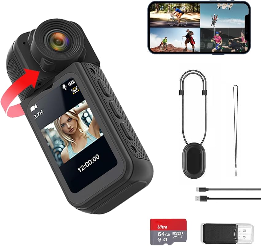 S70 2.7K Thumb Action Camera, 64GB Mini Body Camera, Wearable Pocket C