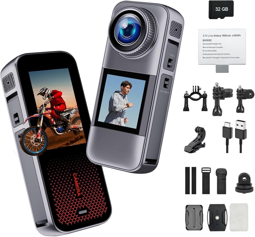 Dual Screen Waterproof Action Camera with 32GB Card, Batteries, and Mo