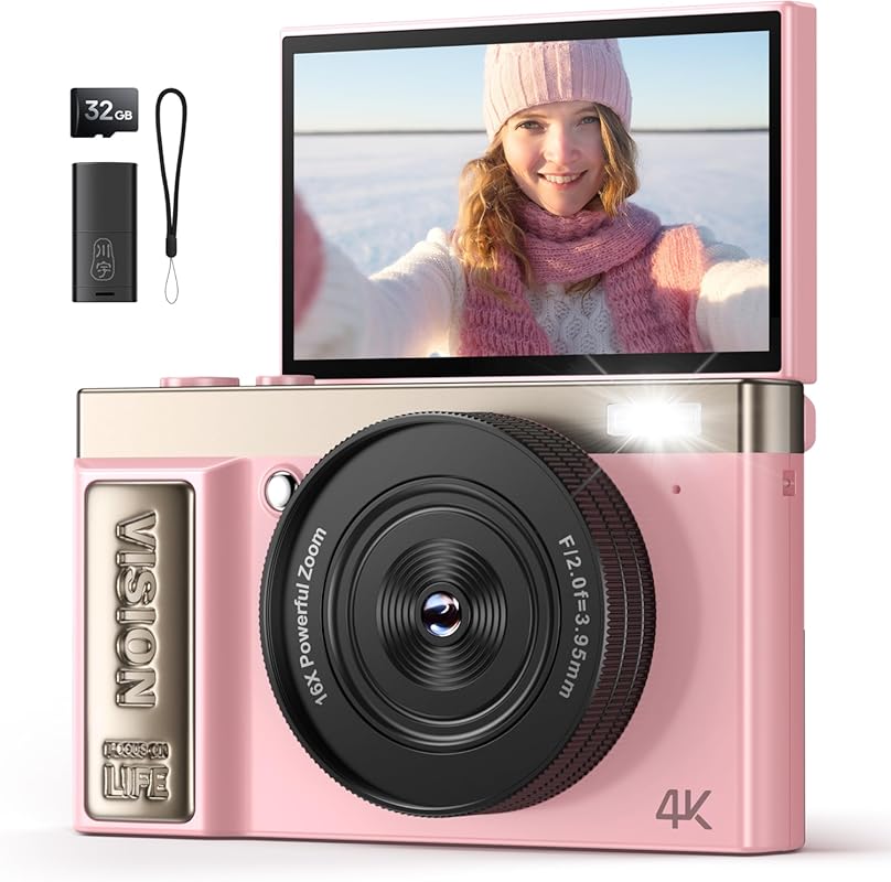 4K Digital Camera Pink for Girls Teens: 64MP Vlogging Camera with Flip