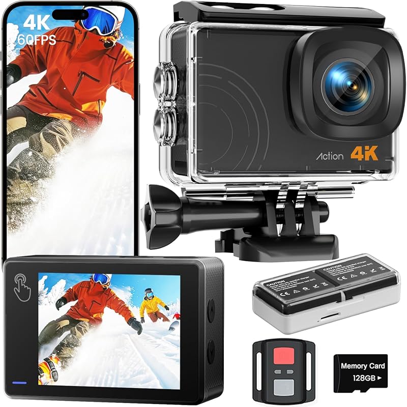 4K 60fps Action Camera with EIS, 131ft Waterproof Case, 8x Zoom, Touch