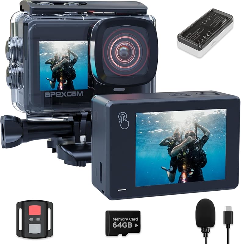 Apexcam Dual Screen 4K60FPS Action Camera with 8X Zoom, EIS, 40m Water