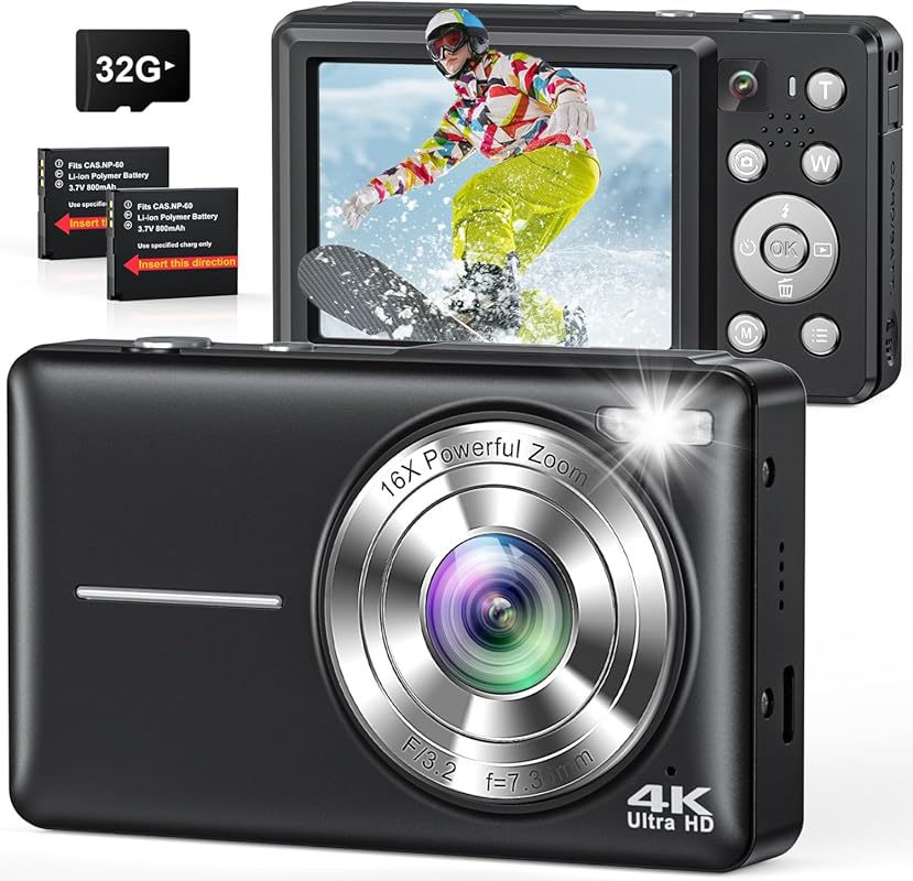 Compact 4K Digital Camera with 64MP Sensor, Flash, and 32GB Memory Car