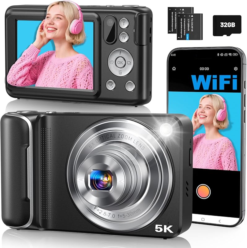 5K WiFi Digital Camera with 64MP, Touchscreen, and Dual Lens for Vlogg