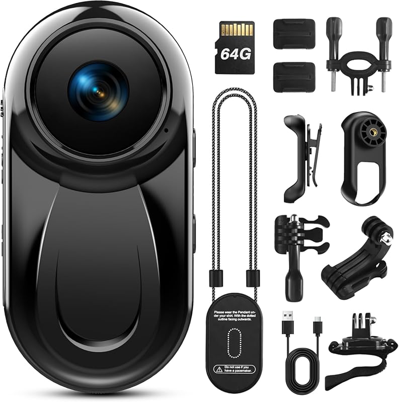 Mini Body Camera with 64GB Card, 1080P Thumb Vlogging Cam Hands-Free R