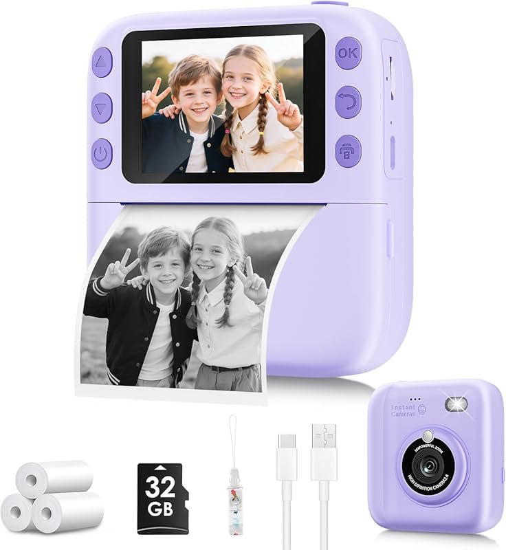 Purple 1080P Instant Print Camera for Kids Ages 4-10 with 32GB Card