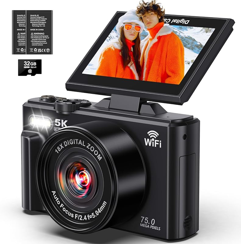 5K Digital Camera for Photography – 75MP, WiFi, Flip Screen, Autofocus