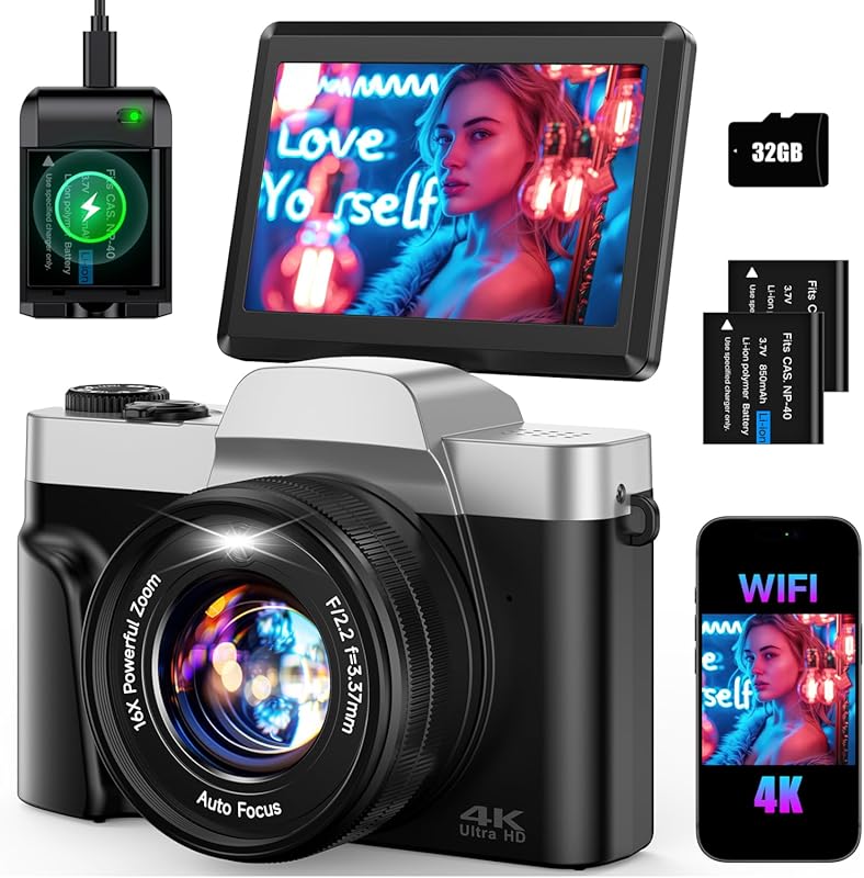 Best Digital Camera for Action Photos: 4K 64MP Travel Camera with Flip