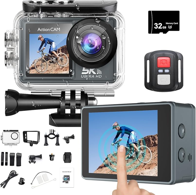 5K WiFi Action Camera with Front LCD, 100FT Waterproof, 170° Wide Angl