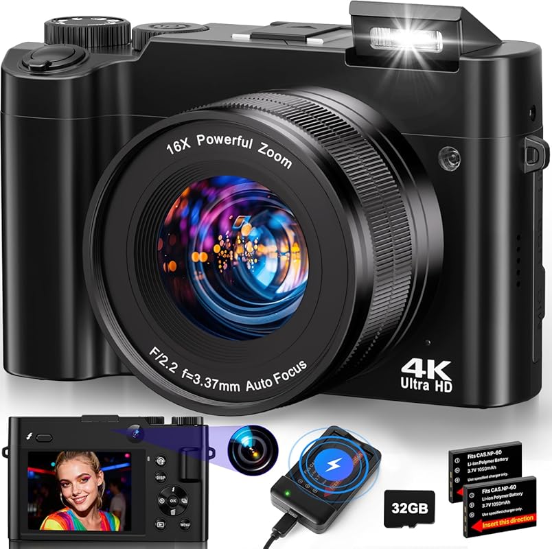 64MP 4K Vlogging Camera with Dual Lens, 3-Inch Flip Screen, and Flash