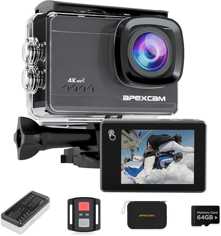 Apexcam M90 4K Action Camera with 64GB Card, 60FPS, and Image Stabiliz