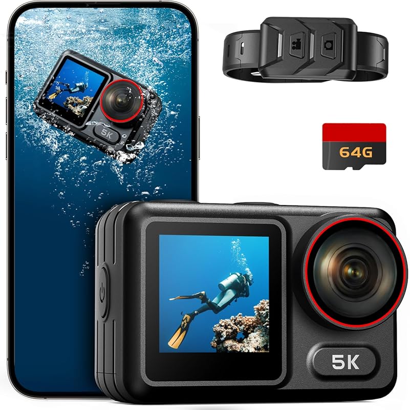 ODDV 5K30FPS Waterproof Action Camera with 64GB Card, IPX7 & 34FT Unde