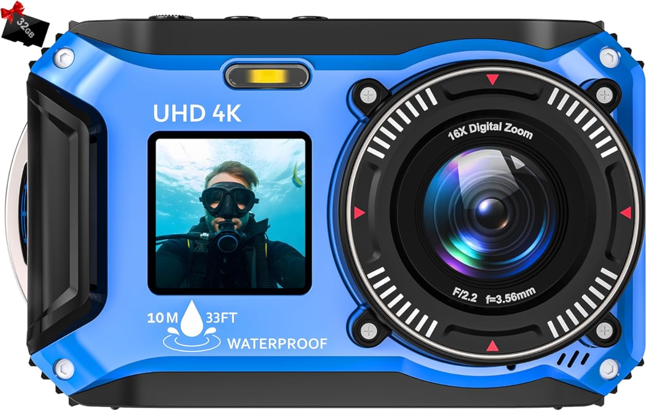 4K Underwater Camera with Dual Screens and 33FT Waterproof Depth for S
