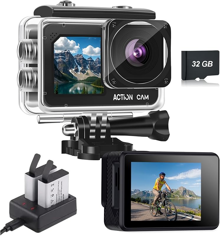 1080P Dual Screen Action Camera, Waterproof, with 4X Zoom and 2 Batter