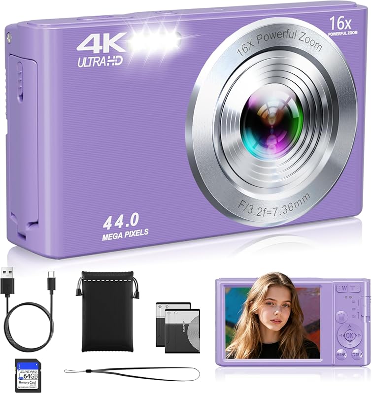 Compact 4K Camera for Action Shots with 44MP and 16X Autofocus Zoom