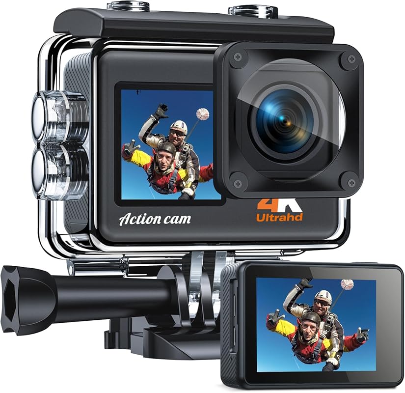 4K Action Camera with 131FT Waterproof Rating, EIS Stabilization, Dual