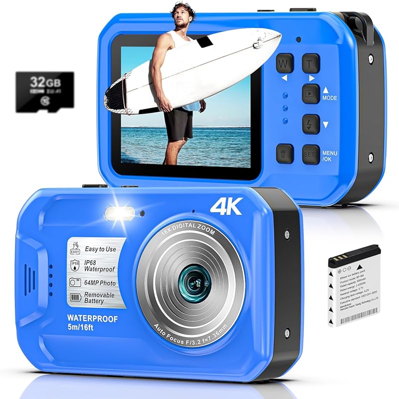 4K Underwater Digital Camera with 64MP, 16FT Waterproof, 16X Zoom, and