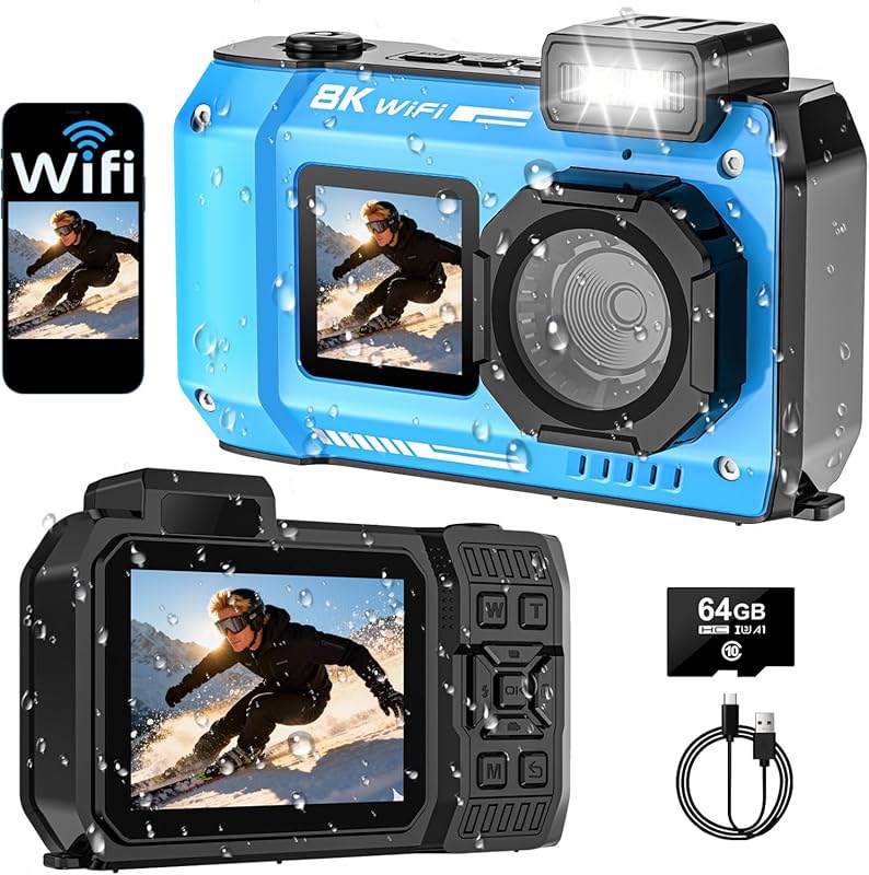 8K UHD Underwater Digital Camera with 70MP, Dual Screens, 33FT Waterpr